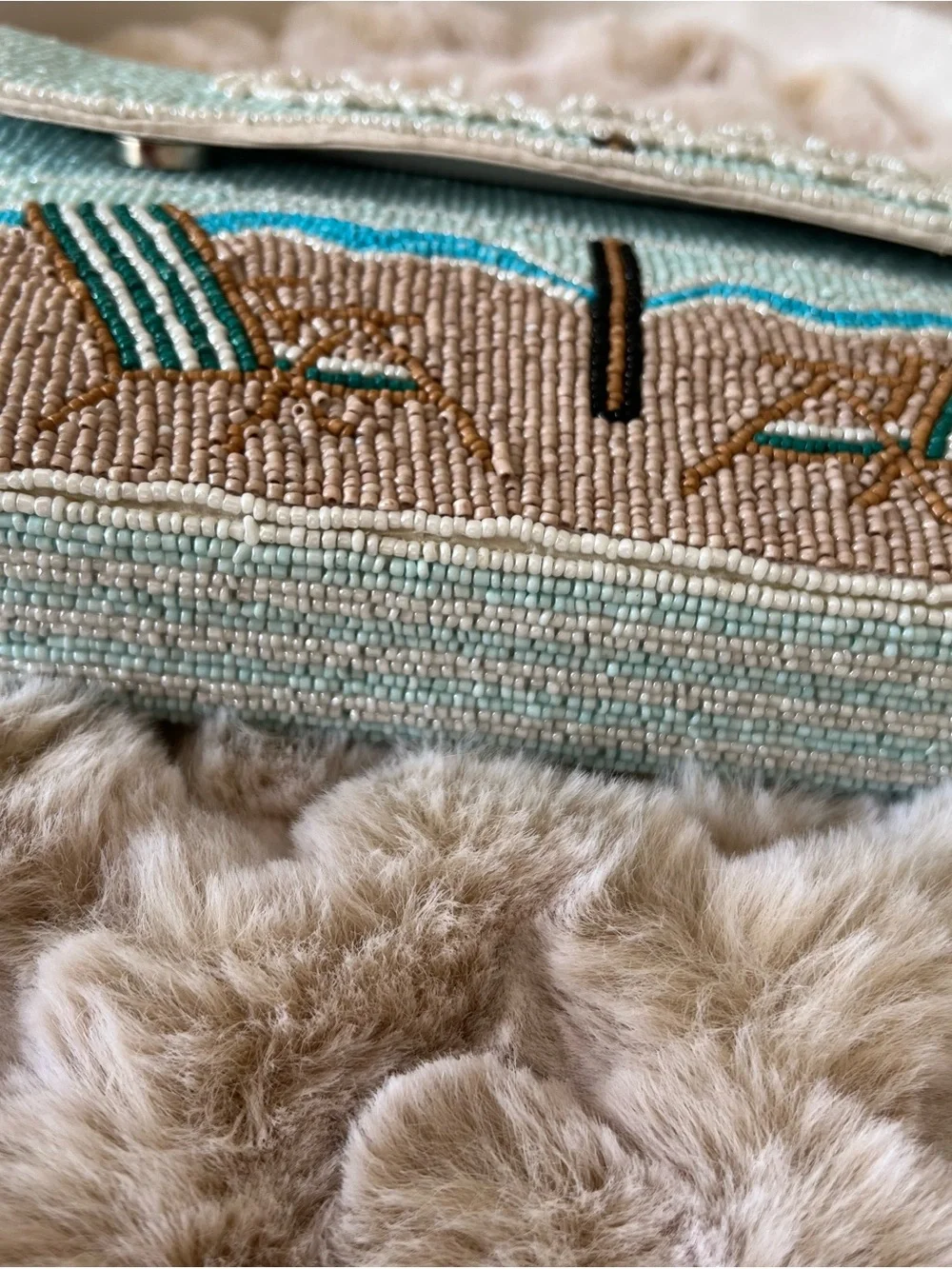 Beaded Beach Scene Beaded Shoulder Bag in Light Blue & White NWT